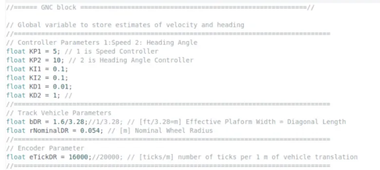 GNC parameter block showing PID gains and kinematic constants