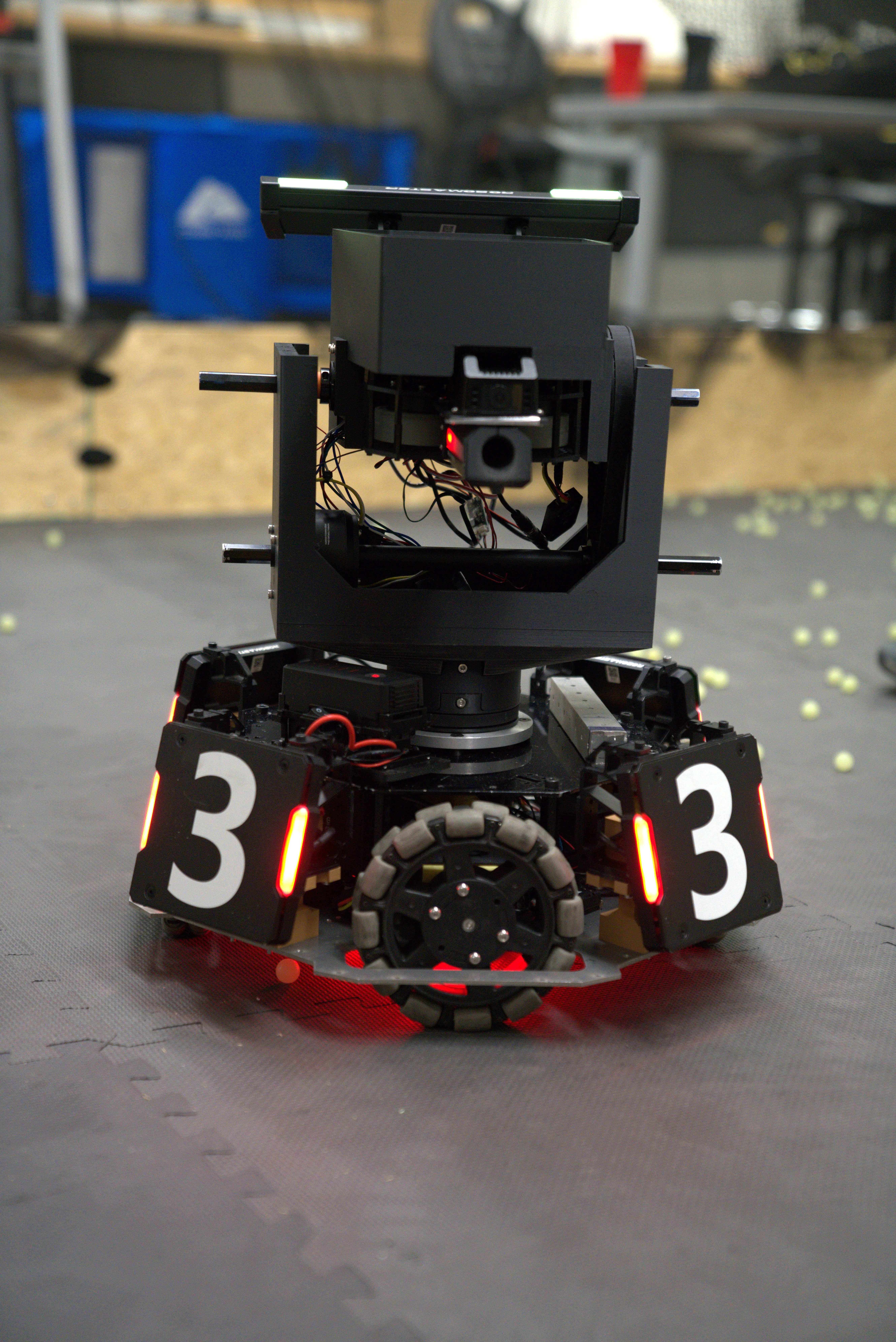Front view of the Standard robot showing mecanum wheel suspension geometry