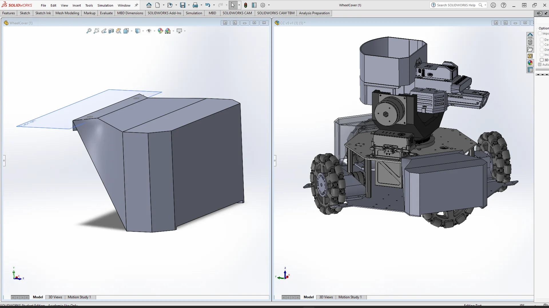 SolidWorks model of the wheel cover alongside the full robot assembly